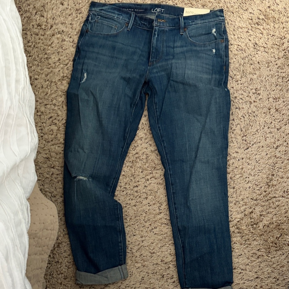 LOFT Women's Dark Blue Boyfriend Jeans with Light Distressing
